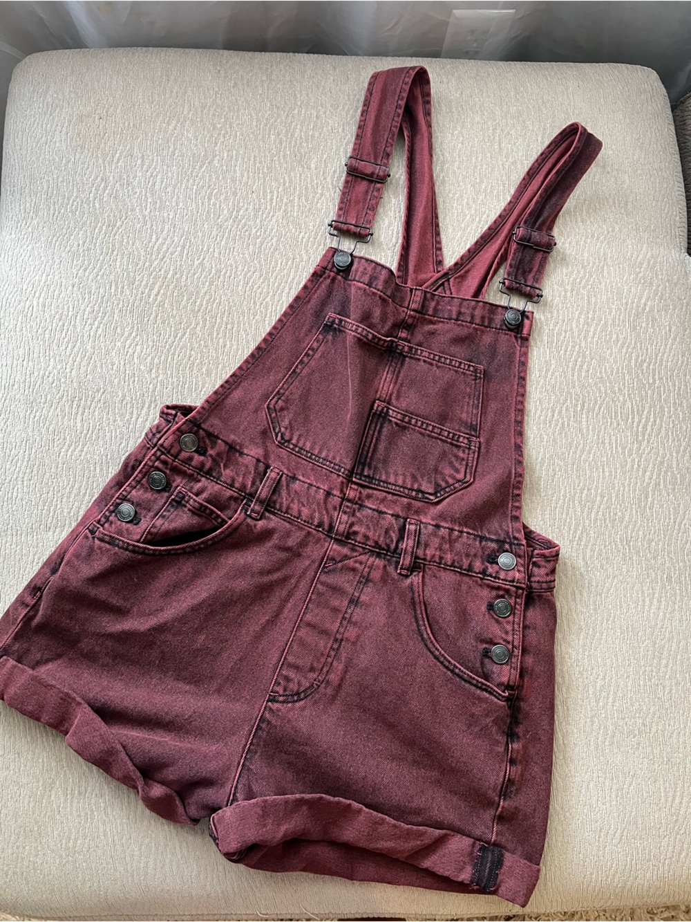 We The Free Maroon Short Denim Overalls